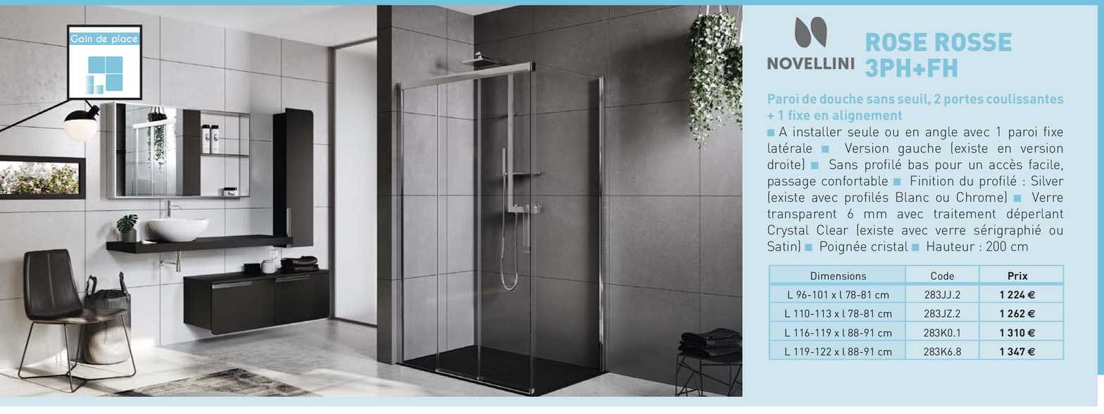 Paroi De Douche Sans Seuil, 2 Portes Coulissantes + 1 Fixe En Alignement Rose Rosse 3ph+fh Novellini