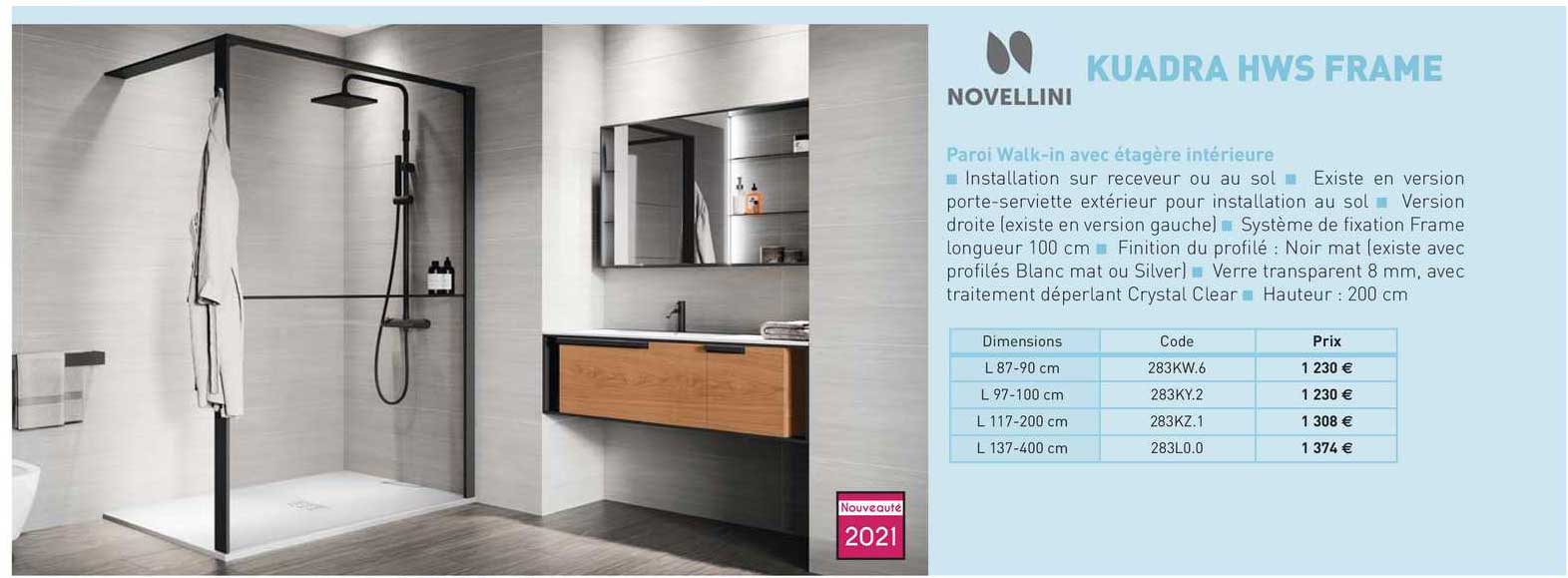 paroi walk-in avec étagère intérieure kuadra hws frame novellini