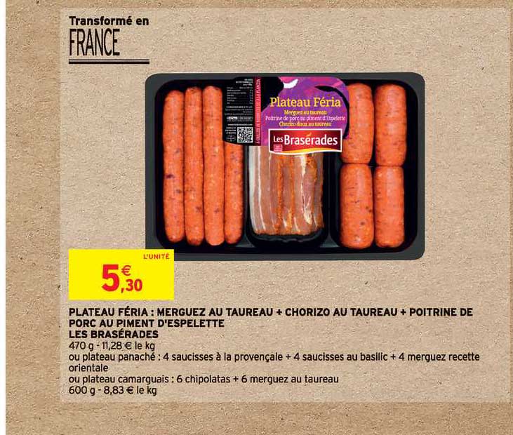 plateau féria : merguez au taureau + chorizo au taureau + poitrine de porc au piment d'espelette les brasérades