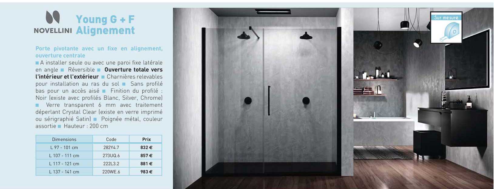 porte pivotante avec un fixe en alignement, ouverture centrale young g + f alignement novellini