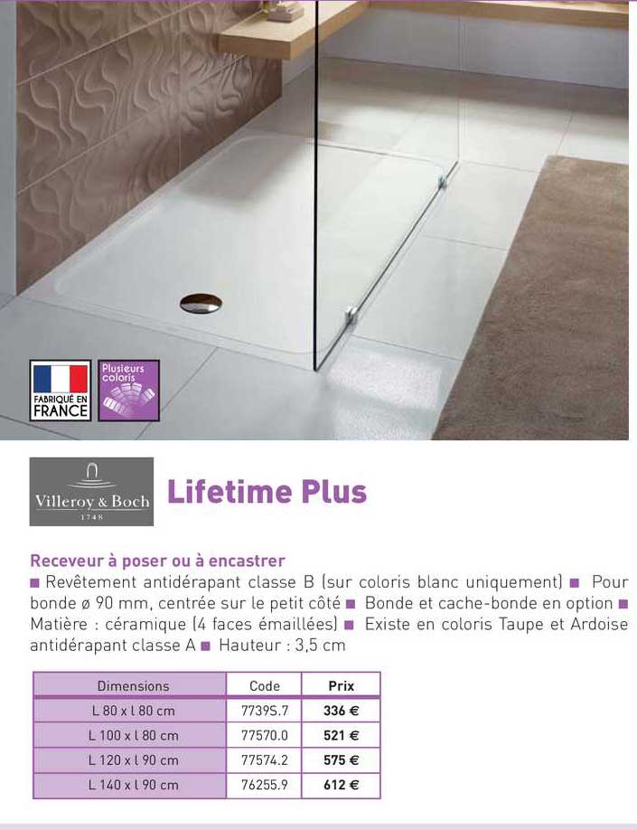 receveur à poser ou à encastrer lifetime plus villeroy & boch