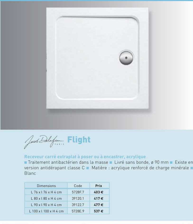 receveur carré extraplat à poser ou à encastrer, acrylique flight jacob delafon