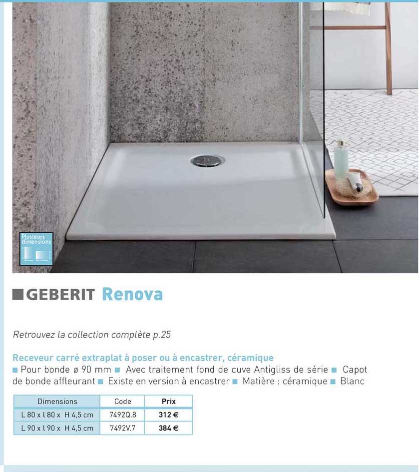 receveur carré extraplat à poser ou à encastrer, céramique renova geberit