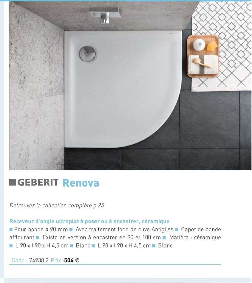 receveur d'angle ultraplat à poser ou à encastrer, céramique renova geberit