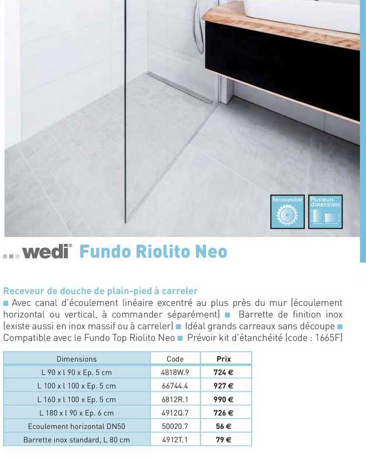 receveur de douche de plain-pied à carreler fundo riolito neo wedi