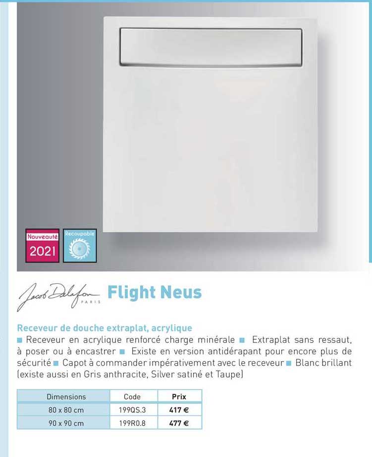 receveur de douche extraplat, acrylique flight neus jacob delafon