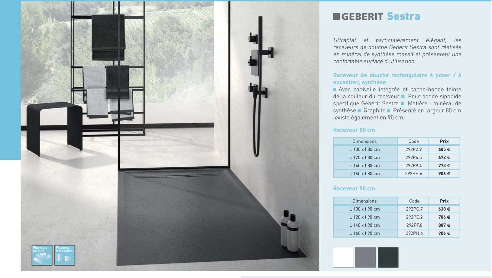 receveur de douche rectangulaire à poser - à encastrer, synthèse sestra geberit