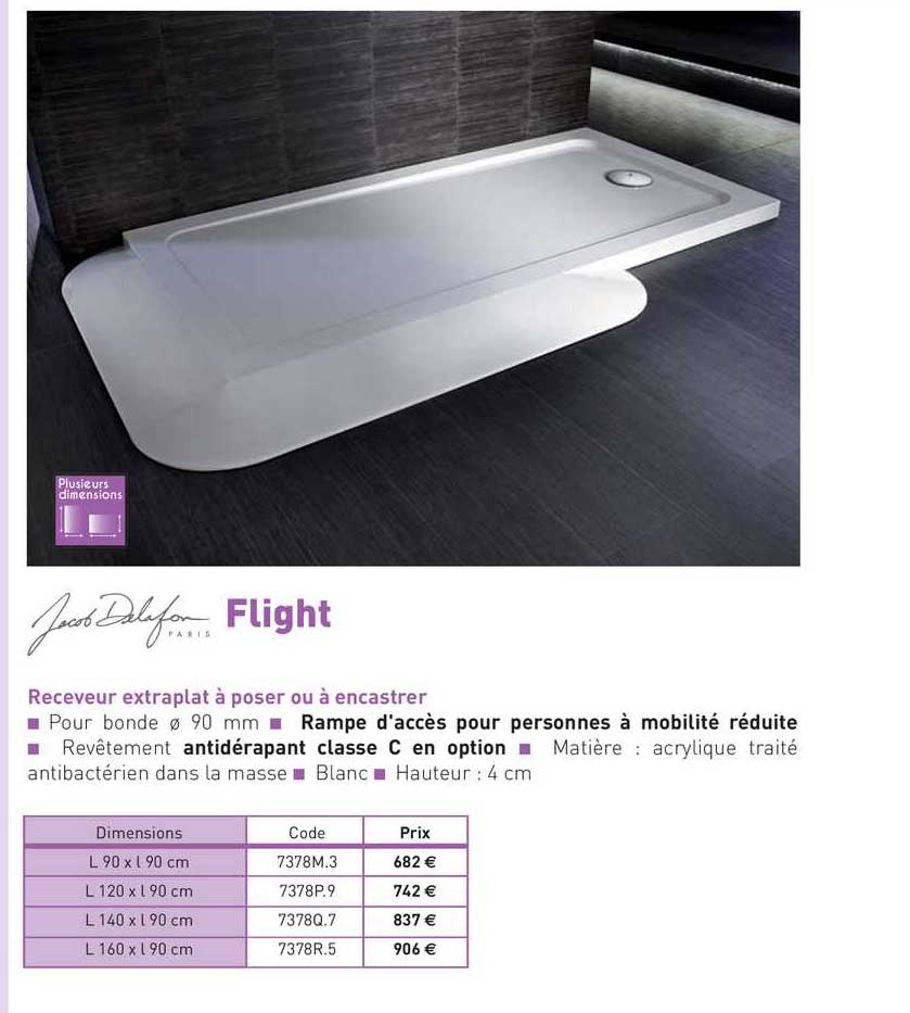 receveur extraplat à poser ou à encastrer flight jacob delafon