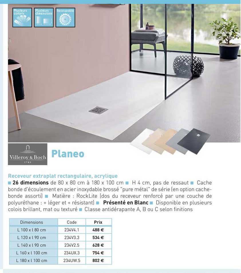 receveur extraplat rectangulaire, acrylique planeo