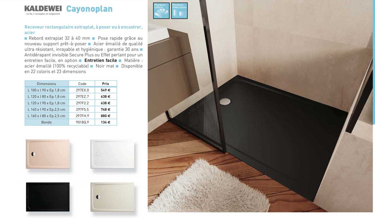 receveur rectangulaire extraplat, à poser ou à encastrer, acier cayonoplan kaldewei