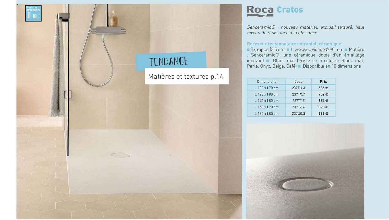 receveur rectangulaire extraplat, céramique cratos roca