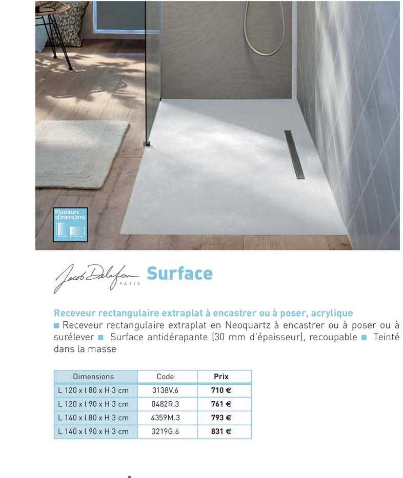 receveur rectangulaire extraplat à encastrer ou à poser, acrylique surface jacob delafon