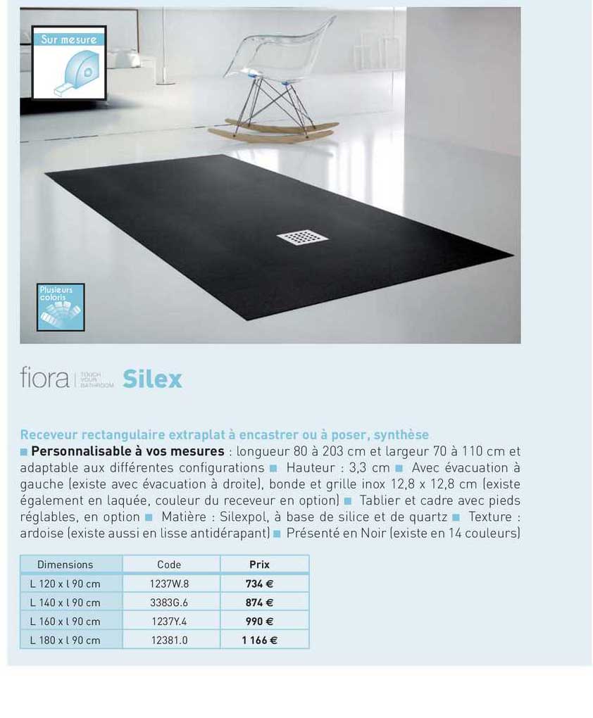 receveur rectangulaire extraplat à encastrer ou à poser, synthèse silex fiora