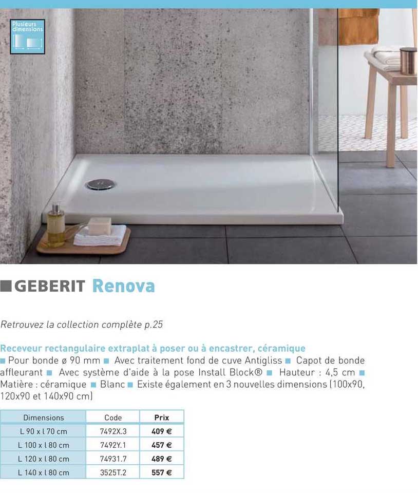 receveur rectangulaire extraplat à poser ou à encastrer, céramique renova geberit