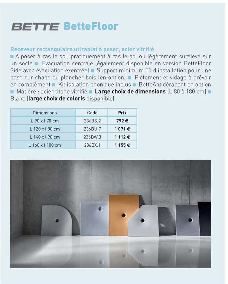 receveur rectangulaire ultraplat à poser, acier vitrifié bette floor bette