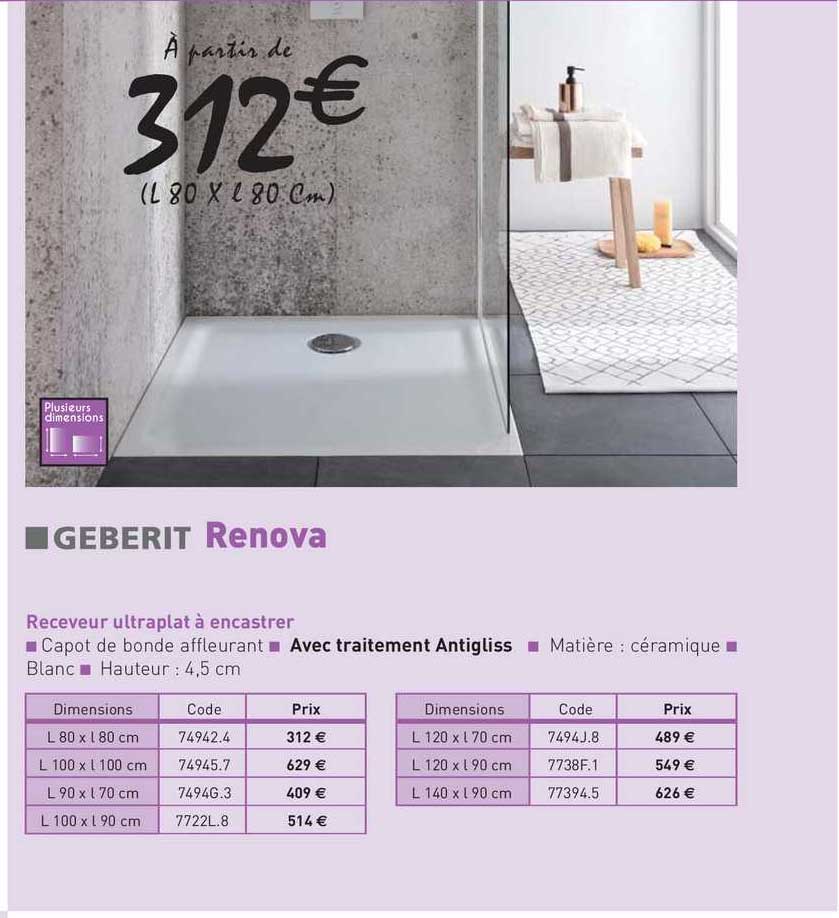 receveur ultraplat à encastrer renova geberit