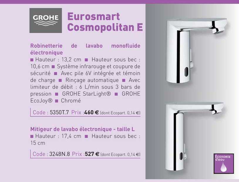 robinetterie de lavabo monofluide électronique, mitigeur de lavabo électronique, taille l eurosmart cosmopolitan e grohe