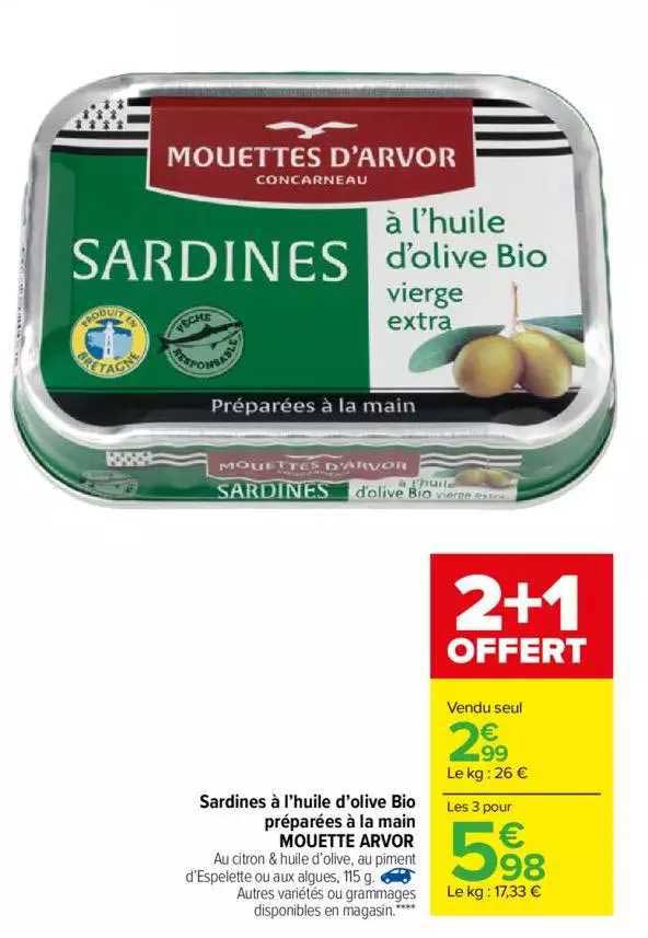 Sardines à L'huile D'olive Bio Préparées à La Main Mouette Arvor