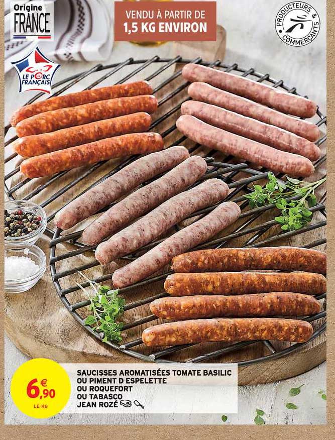 saucisses aromatisées tomate basilic ou piment d'espelette ou roquefort ou tabasco jean rozé