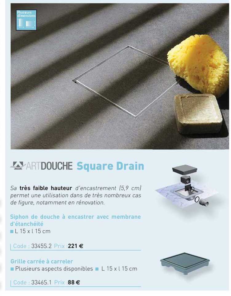 siphon de douche à encastrer avec membrane d'étanchéité square drain artdouche