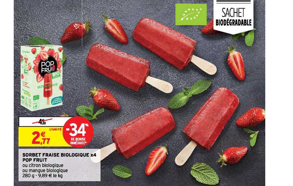sorbet fraise biologique x4 pop fruit ou citro biologique ou mangue biologique