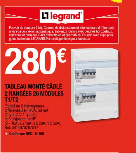 Tableau Monte Cable 2 Rangees 26 Modules T1-T2