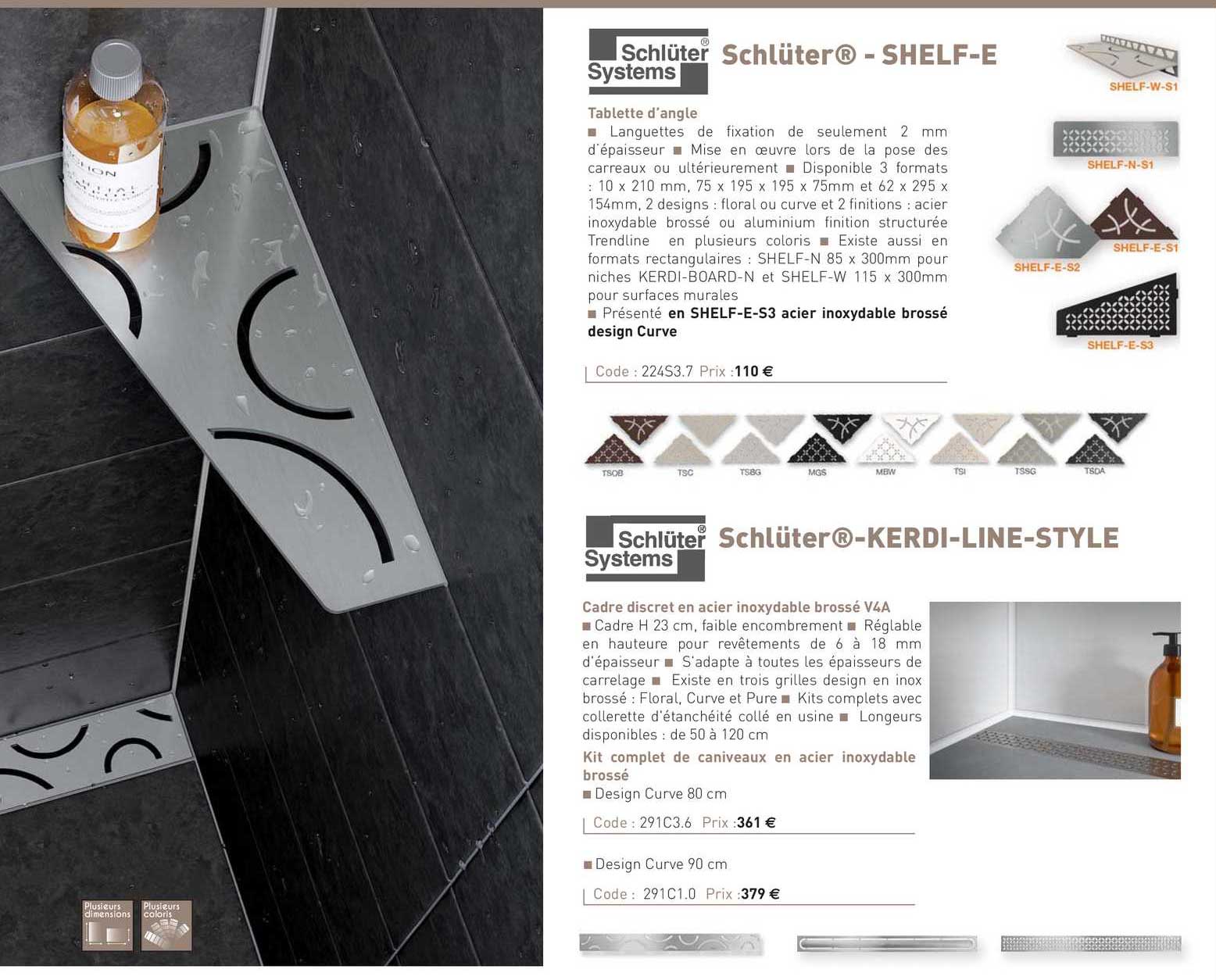 tablette d'angle schlüter - shelf-e schlüter systems, cadre discret en acier inoxydable brossé v4a, kit complet de caniveaux en acier inoxydable brossé schlüter - kerdi-line-style