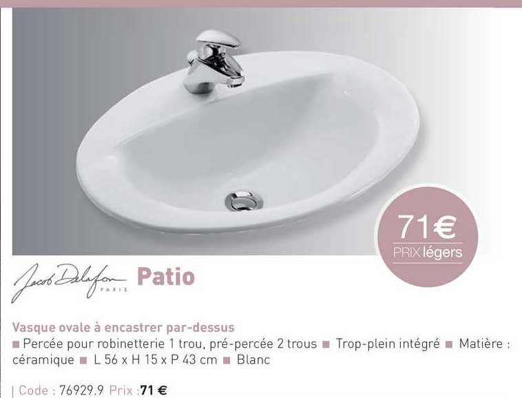 vasque ovale à encastrer par-dessus patio jacob delafon