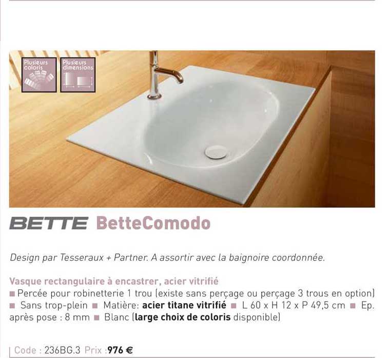 vasque rectangulaire à encastrer, acier vitrifié bettecomodo bette