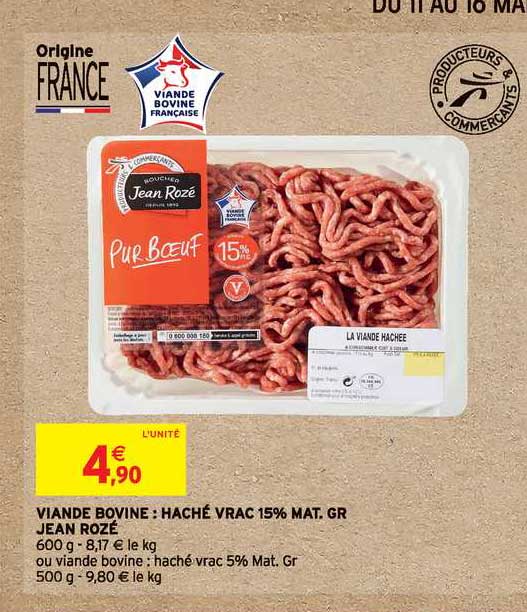 viande bovine : haché vrac 15% mat. gr. jean rozé