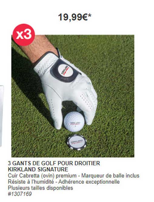 3 gants de golf pour droitier kirkland signature