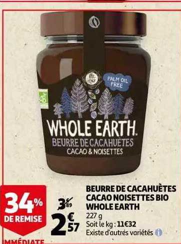 beurre cacahuètes cacao noisettes bio whole earth