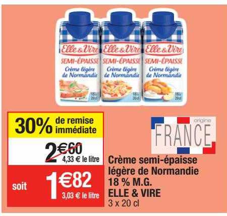 crème semi-épaisse légère de normandie 18% m.g. elle & vire