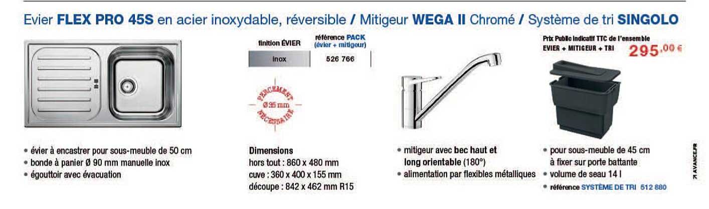 évier flex pro 45s en acier inoxydable, réversible, mitigeur wega II chromé, système de tri singolo