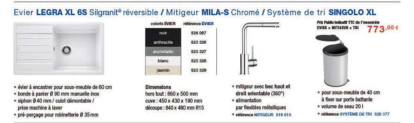 evier legra xl 6s silgranit réversible, mitigeur mila-s chromé, système de tri singolo xl