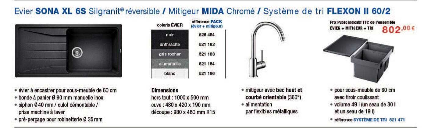 evier sona xl 6s silgranit réversible, mitigeur mida chromé - système de tri flexon II 60-2
