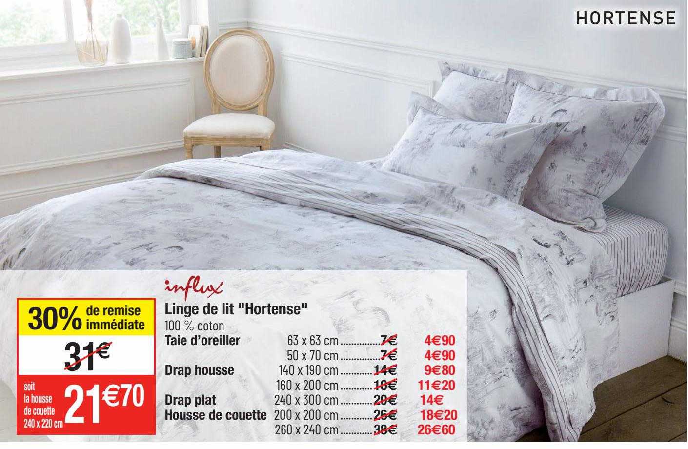 linge de lit "hortense" : taie d'oreiller, drap housse, drap plat, housse de couette