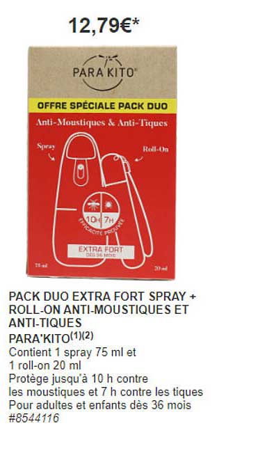 pack duo extra fort spray + roll-on anti-moustiques et anti-tiques para'kito