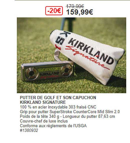 putter de golf et son capuchon kirkland signature