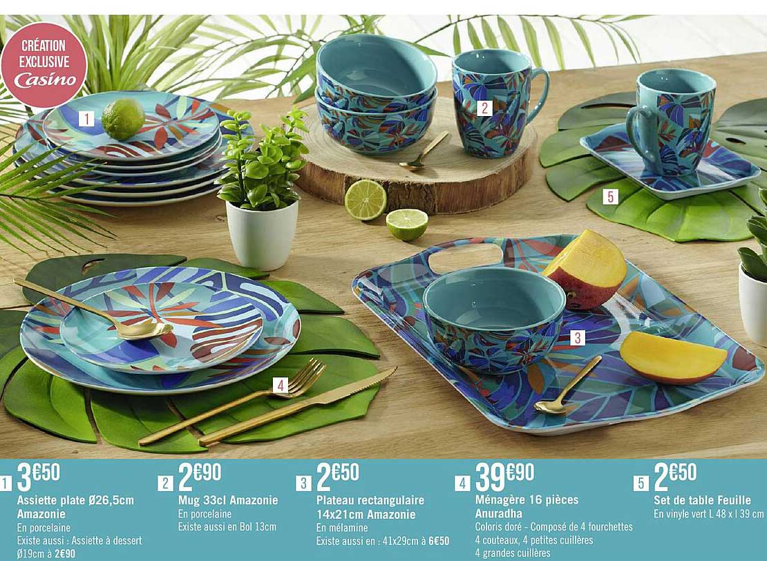 assiette plate ø26,5 cm amazonie, mug 33 cl amazonie, plateau rectangulaire 14 x 21 cm amazonie, ménagère 16 pièces anuradha, set de table feuille