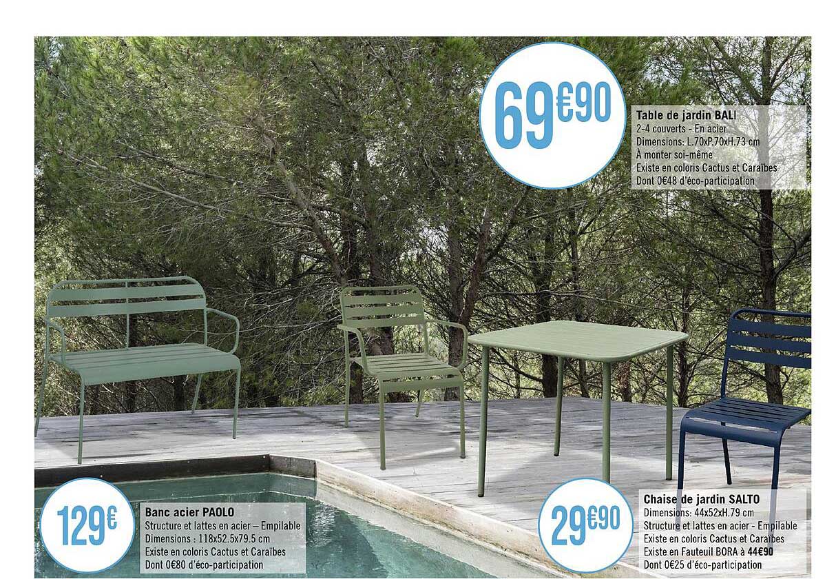 banc acier paolo, chaise de jardin salto, table de jardin bali