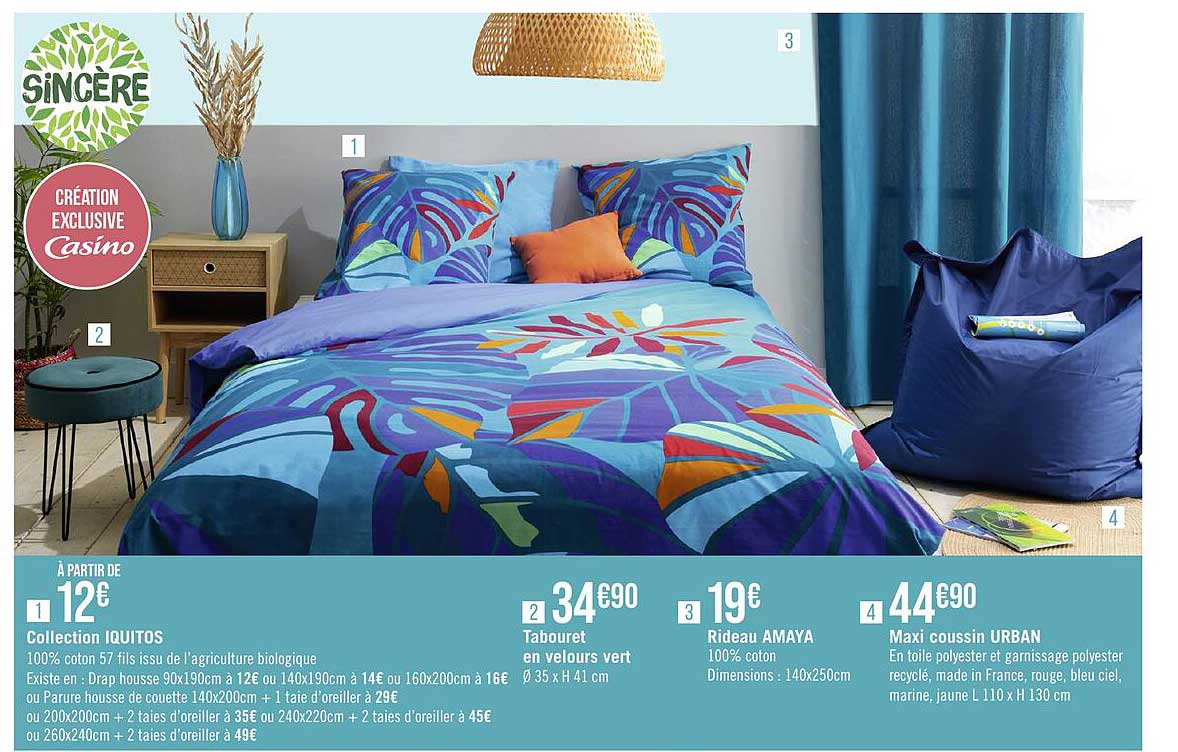 collection iquitos sincère, tabouret en velours vert sincère, rideau amaya sincère, maxi coussin urban sincère