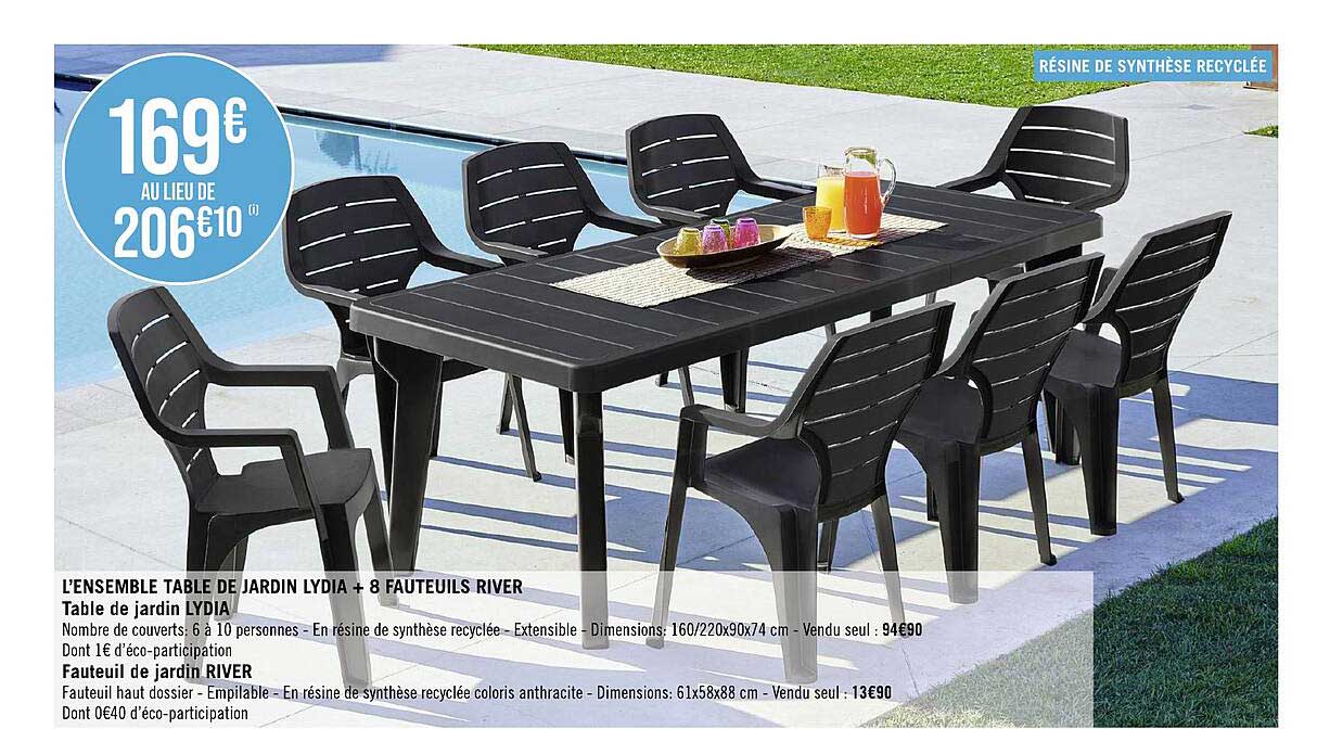 l'ensemble table de jardin lydia + 8 fauteuils river