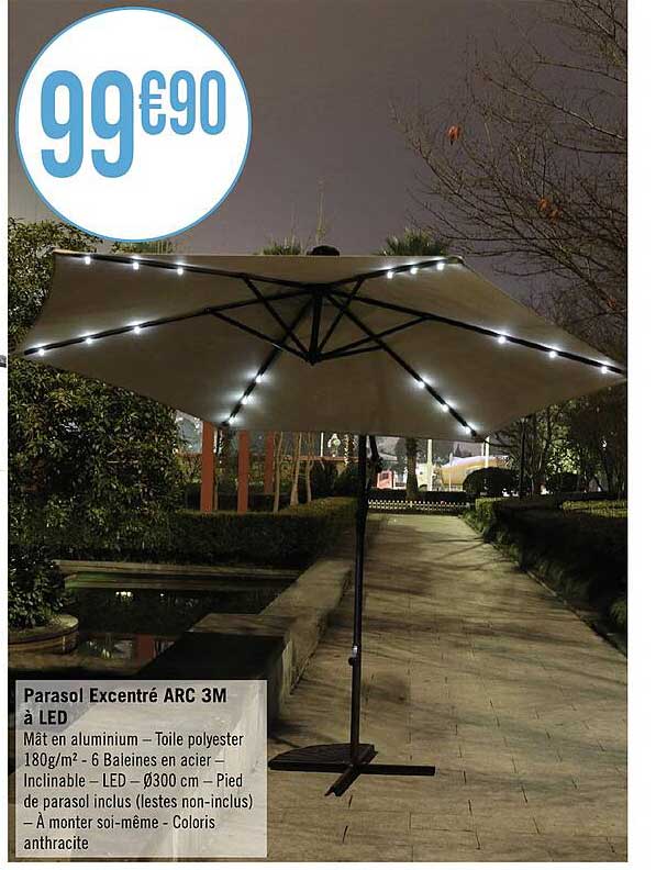 parasol excentré arc 3m à led