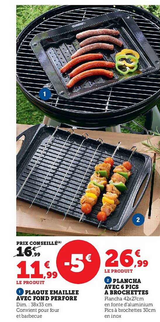 plaque émaillée avec fond perforé, plancha avec 6 pics à brochettes