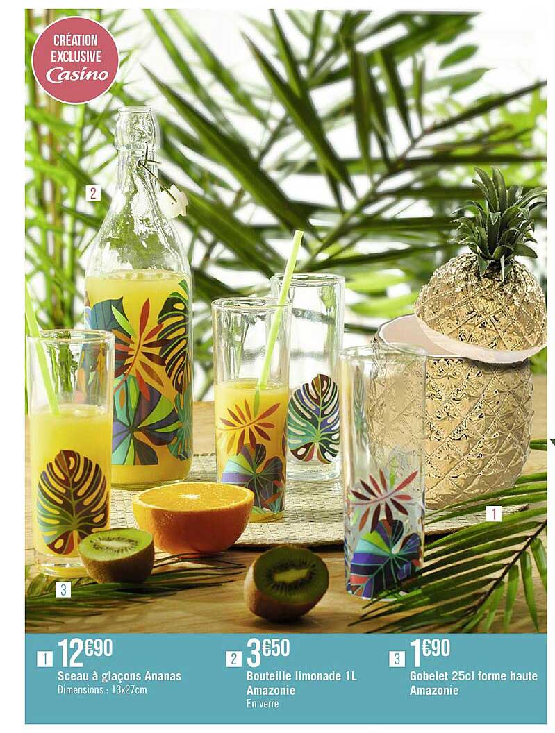 sceau à glaçons ananas, bouteille limonade 1l amazonie, gobelet 25cl forme haute amazonie