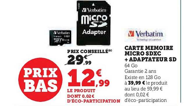 carte mémoire micro sdxc + adaptateur sd verbatim