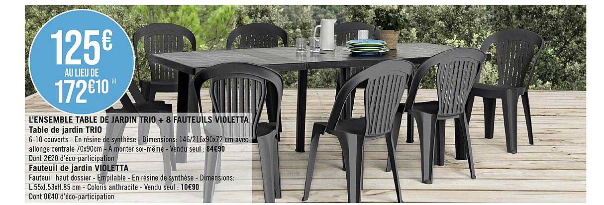 l'ensemble table de jardin trio + 8 fauteuils violetta