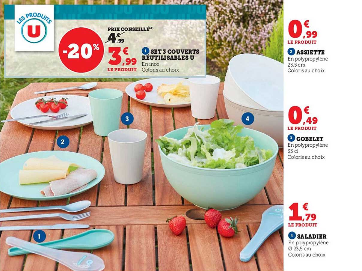Set 3 Couverts Réutilisables U, Assiette, Gobelet, Saladier