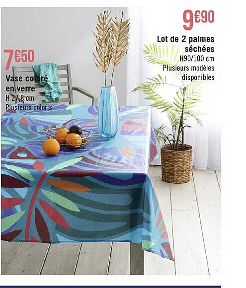 vase coloré en verre, lot de 2 palmes séchées